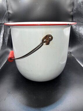 Vintage Farmhouse White Red Enamel Metal Bucket Wire Handle Red Bail Porcelain